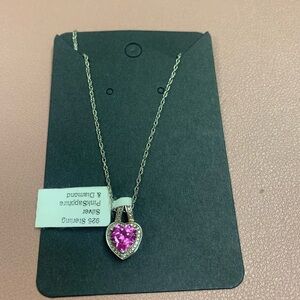NWT DAINTY 925 STERLING SILVER PINK SAPPHIRE WITH DIAMONDS HEART NECKLACE